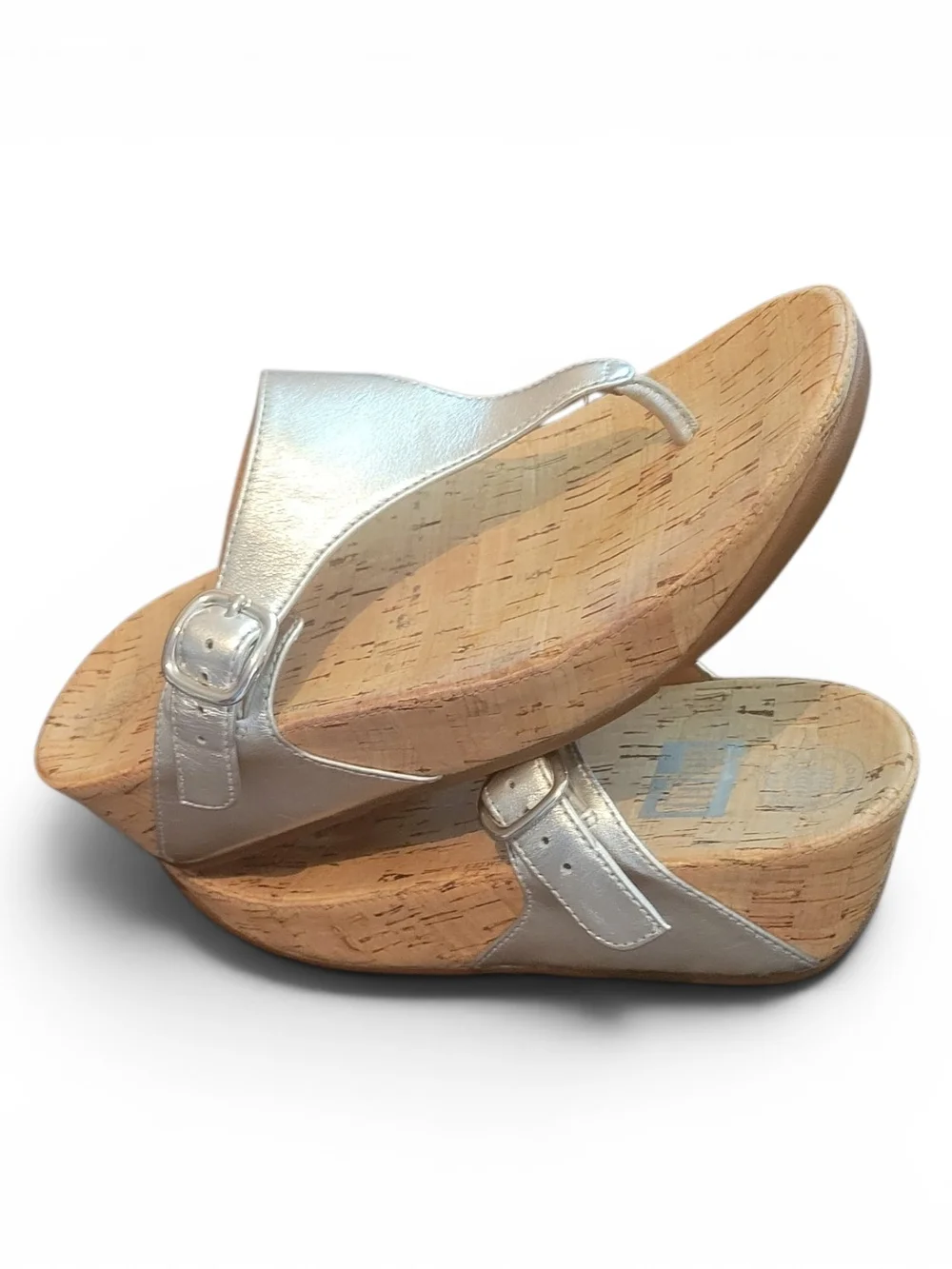 FitFlop Metallic Silver Cork Wedge Thong Sandals - Picture 2 of 5